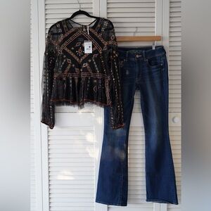 Embroidered Black and Orange Blouse with Blue Jeans